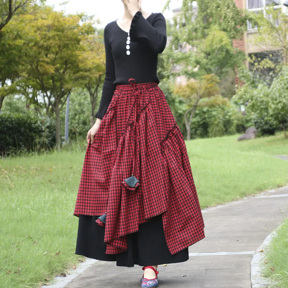 TIYIHAILEY Free Shipping New Long Maxi A-line Elastic Waist Women Autumn Cotton Linen Chinese Style S-2XL Plaid Irregular Skirts