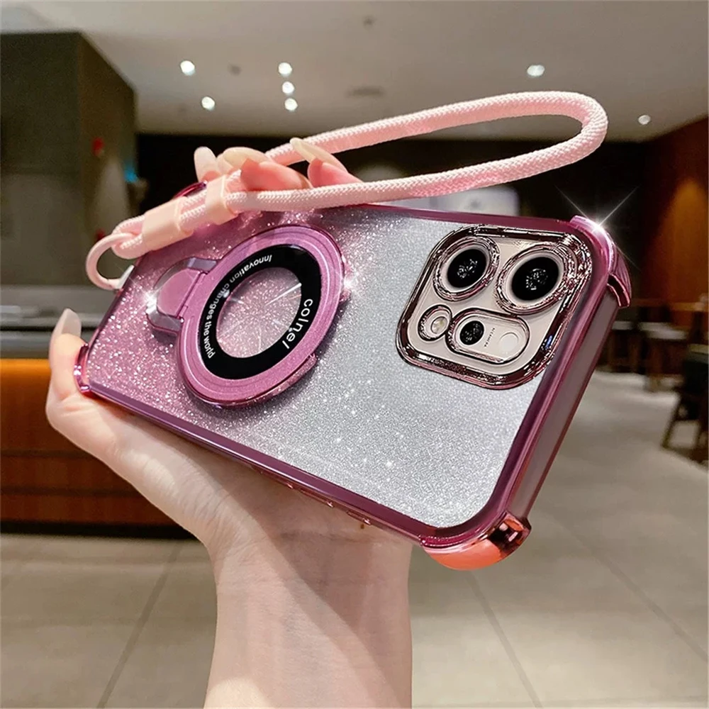 Magnetic Glitter Shockproof Phone Case with Lanyard Strap