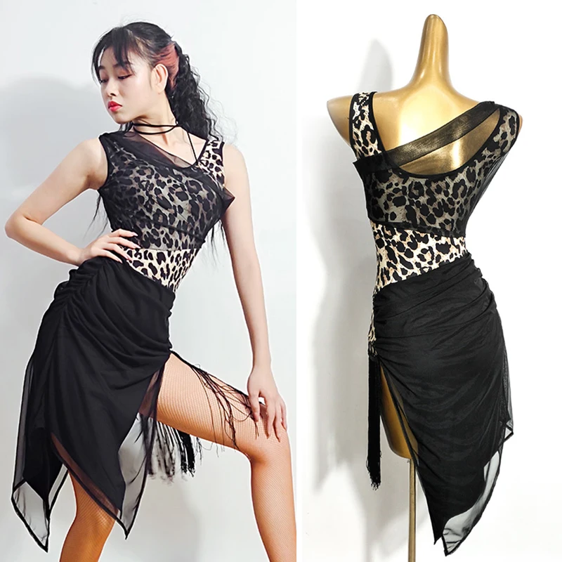 

Latin Dance Dress Women Sexy Leopard Print Irregular Tassel Dresses Rumba Salsa Samba Cha Cha Ompetition Performance Wear DN6221