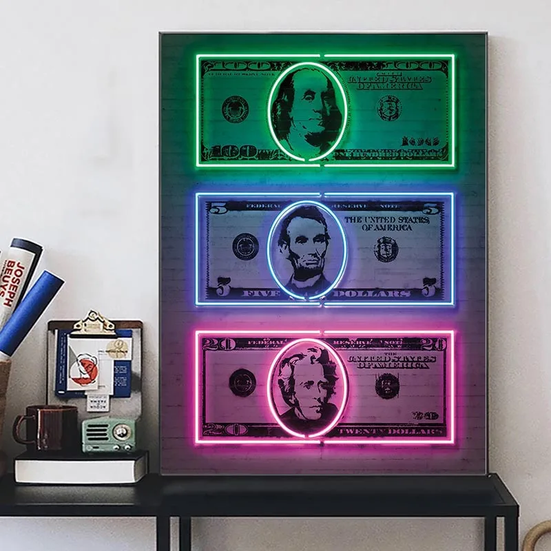 Money Neon Canvas Art Paintings Money Art Dollar Sign Print Poster Street Pop Currency Pictures