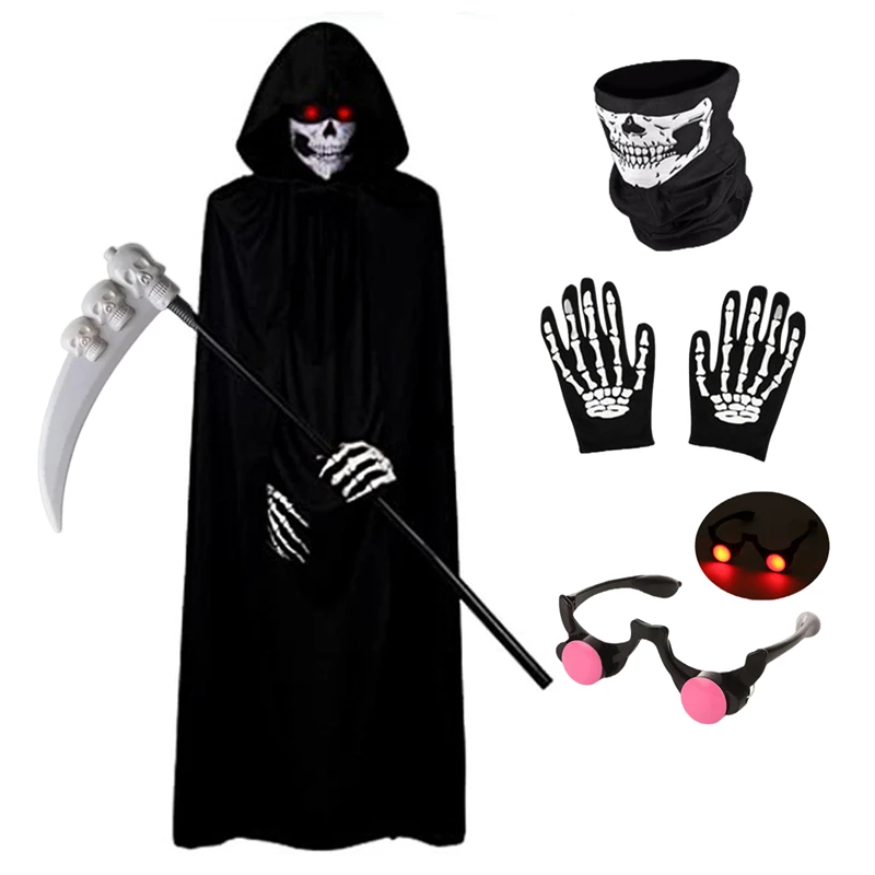 Halloween Scary Costume Grim Reaper Costume For Boys Kids With Glowing Red Eyes Gloves Mask