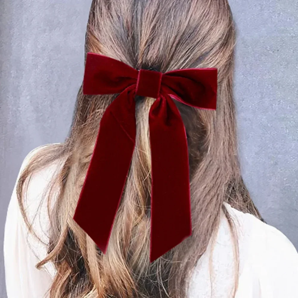 Lange Schwanz Bogen Samt Haarspangen Frauen Temperament Pferdeschwanz Haarnadel Haar Clip Mädchen Schwarz Rot Band Haar Clip Haar Zubehör – Detail 1