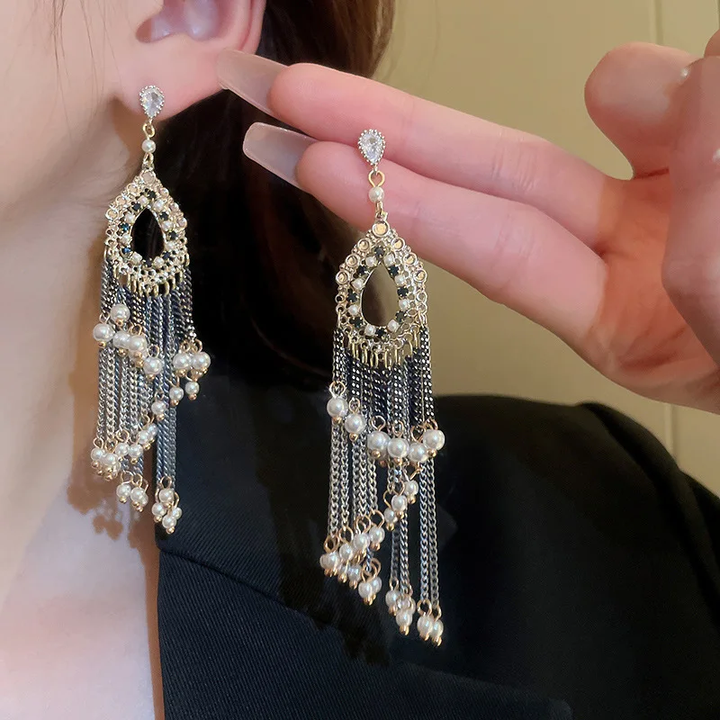 

Pearl Zircon Chain Earrings Water Drop Long Tassel Stud Earrings Retro Jewelry Gifts