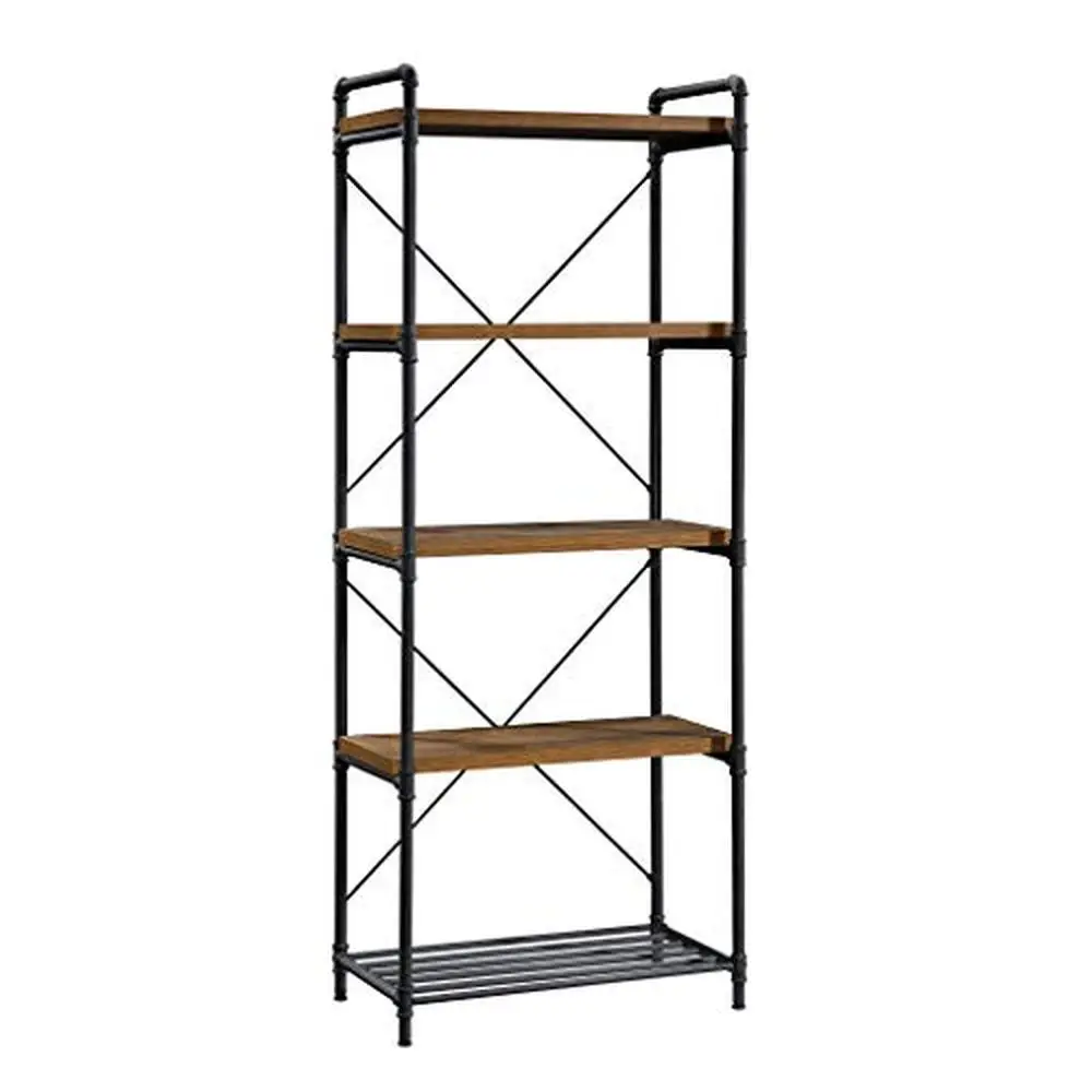 

Metal Pipe Frame 5-Shelf Bookcase Checked Oak Finish Office Living Bedroom Easy Assembly Stable Durable 29.92"W x 75.67"H Iron