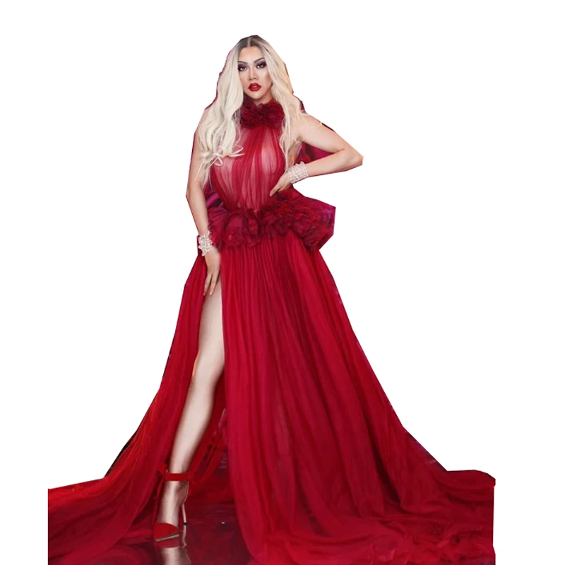 

New Red Flowers See Through Dress Birthday Celebrate Dress Evening Bar Singer Show Stage Outfit Dance Long Dress