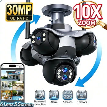 30MP WiFi Security Camera 10X Optical ZOOM Five Screen 6 Lens CCTV Cam Video Surveillance 720° Home Security Cam 1