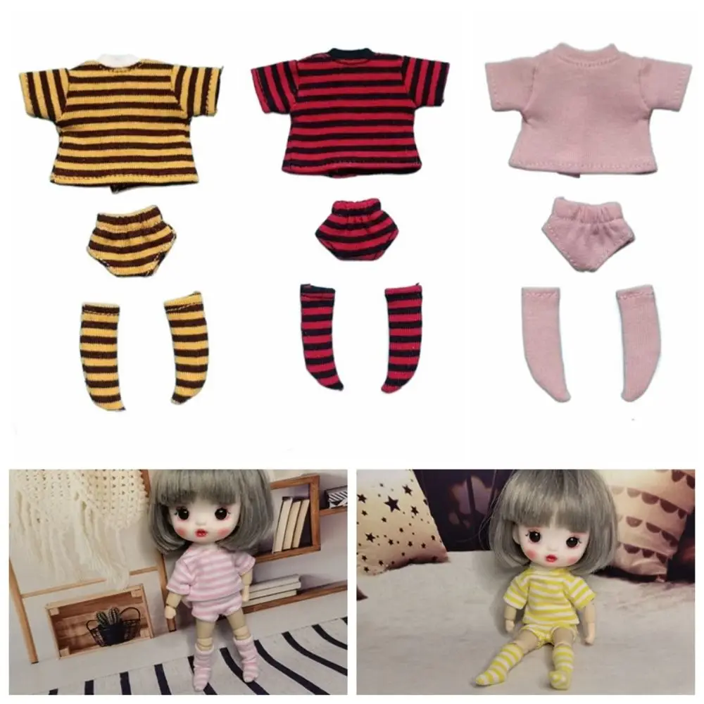 T-shirt Ob11 Doll Clothes Knitted Sweatshirt Shorts Socks Doll Underwear Three-piece Cotton OB11 Striped Tops 1/12 Doll
