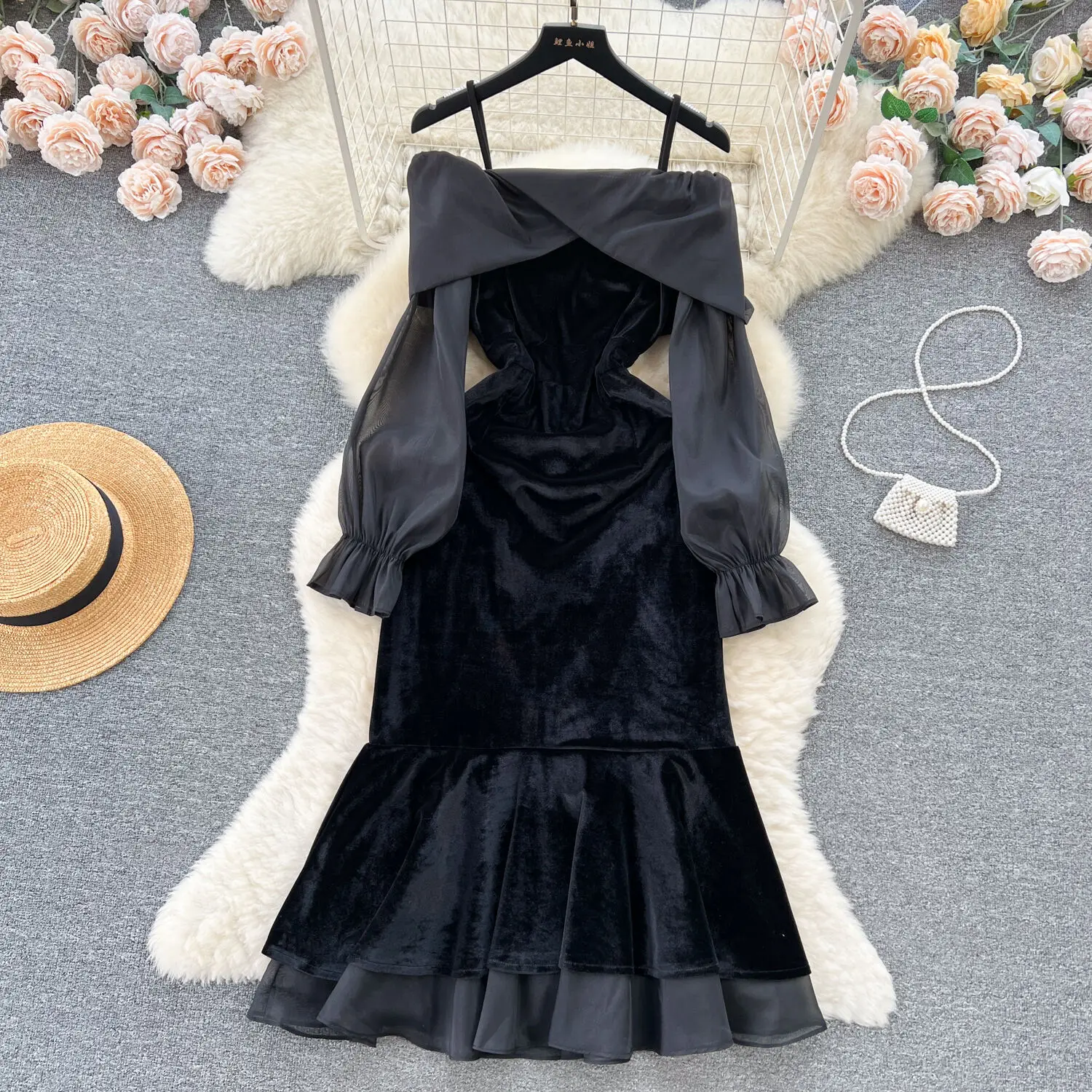 

French Chic Elegant One Shoulder Suspended Dress Women's Elegant Design Long Velvet Dress Lades Evening Banquet Prom Dress Black