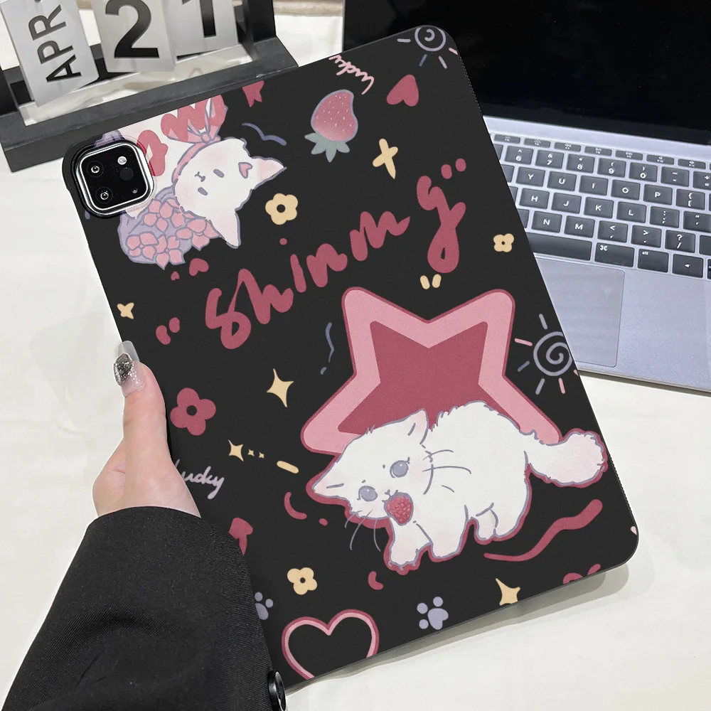Matte Painted Rectangular Shell with Sweet Strawberry Cat Design