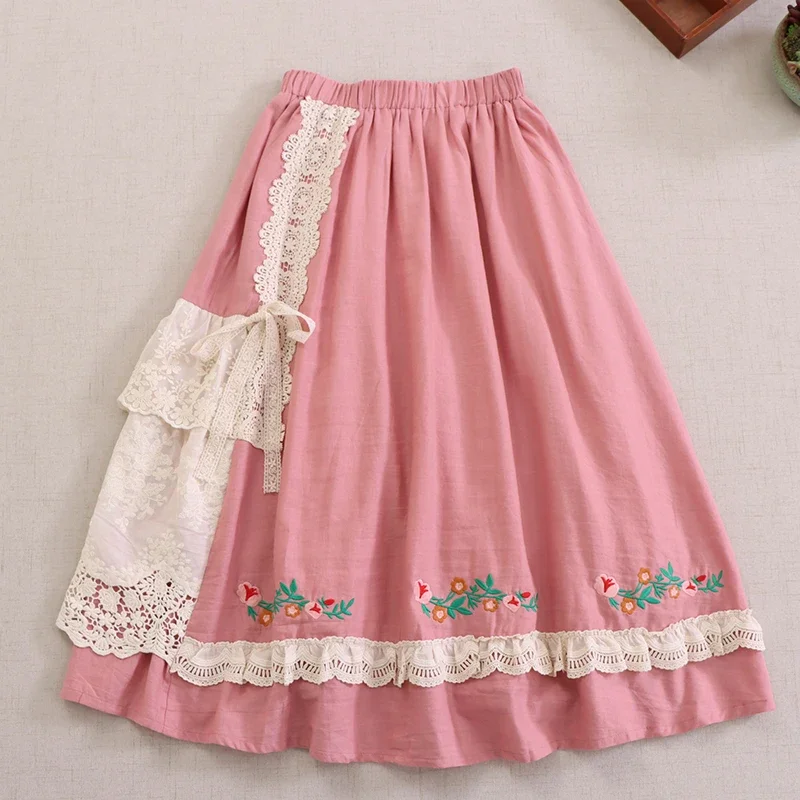 Harajuku Japan Style Mori Girl Lace Floral Embroidery Corduroy Skirt Women Elastic Waist Casual Loose Cotton Linen Skirts