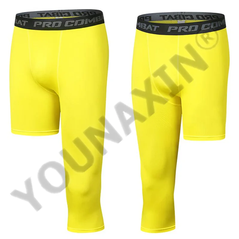 Men Compression Base Layer Running Tight Sport Cropped One Leg Leggings Gym Basketball Football Soccer Fitness Exercise 3/4 Pant