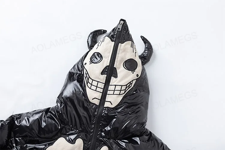 Description Picture 6 of itemMen Winter Black Parkas Jackets Retro Skeleton Devil Horns Embroidery Padded Coats Zipper Mask Waterproof  Hooded Outwear Unisex