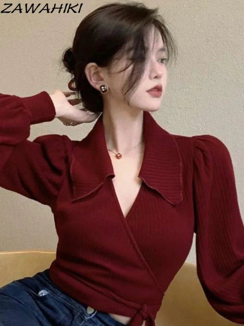 

ZAWAHIKI Spring Autumn French V-neck Long Puff Sleeve Knitted Pullovers Chic Designed Red Solid Color Turn-down Collar Women Top