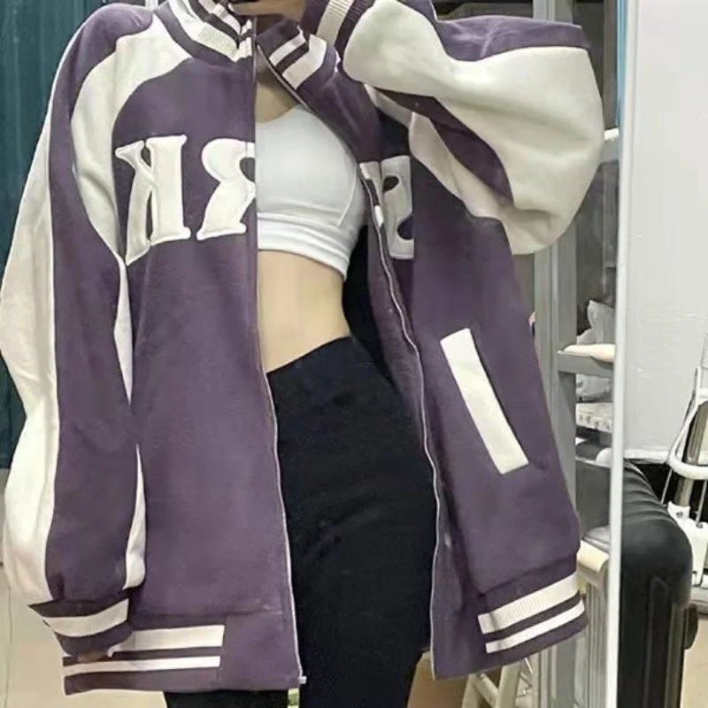 

Deeptown Baseball Jacket High Street Vintage Harajuku Oversize Jackets Retro Purple All-match Varsity Heavy Clothes Women Couple
