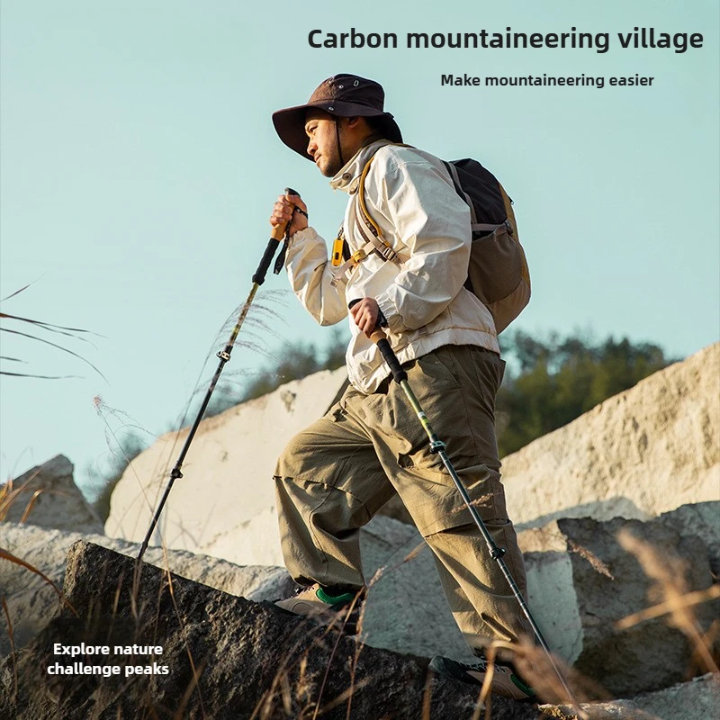 Carbon Mountaineering Cane Ultra Light Portable Folding Outer Lock Cane Hiking Mountain Climbing Outdoor Multifunctional