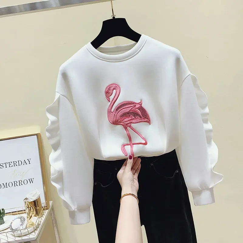 Women Long Sleeve Casual Pullover Fashion Korean Style Animal Embroidery Sweatshirt Autumn Winter New Ruffles Splicing Pink Tops