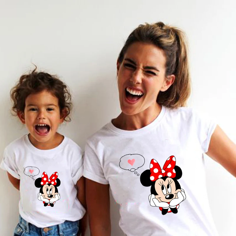 New Mother Kids Tshirts Funny Minnie Mouse Family Matching Outfits Summer White Short Sleeve Mother Daughter Matching Clothes 2