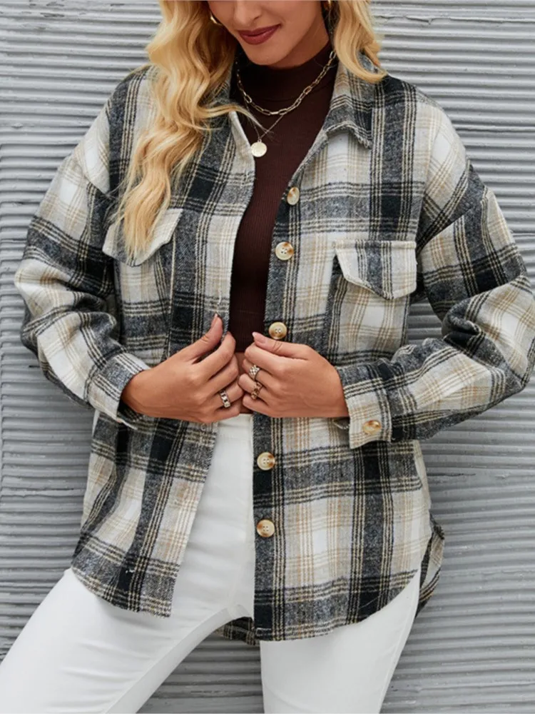 

Plaid Coat Woman Casual Loose Long-Sleeve Button Up Shirt jacket Coats 2023 Autumn Fashion Elegant Chic Turn Down Collar Blouses