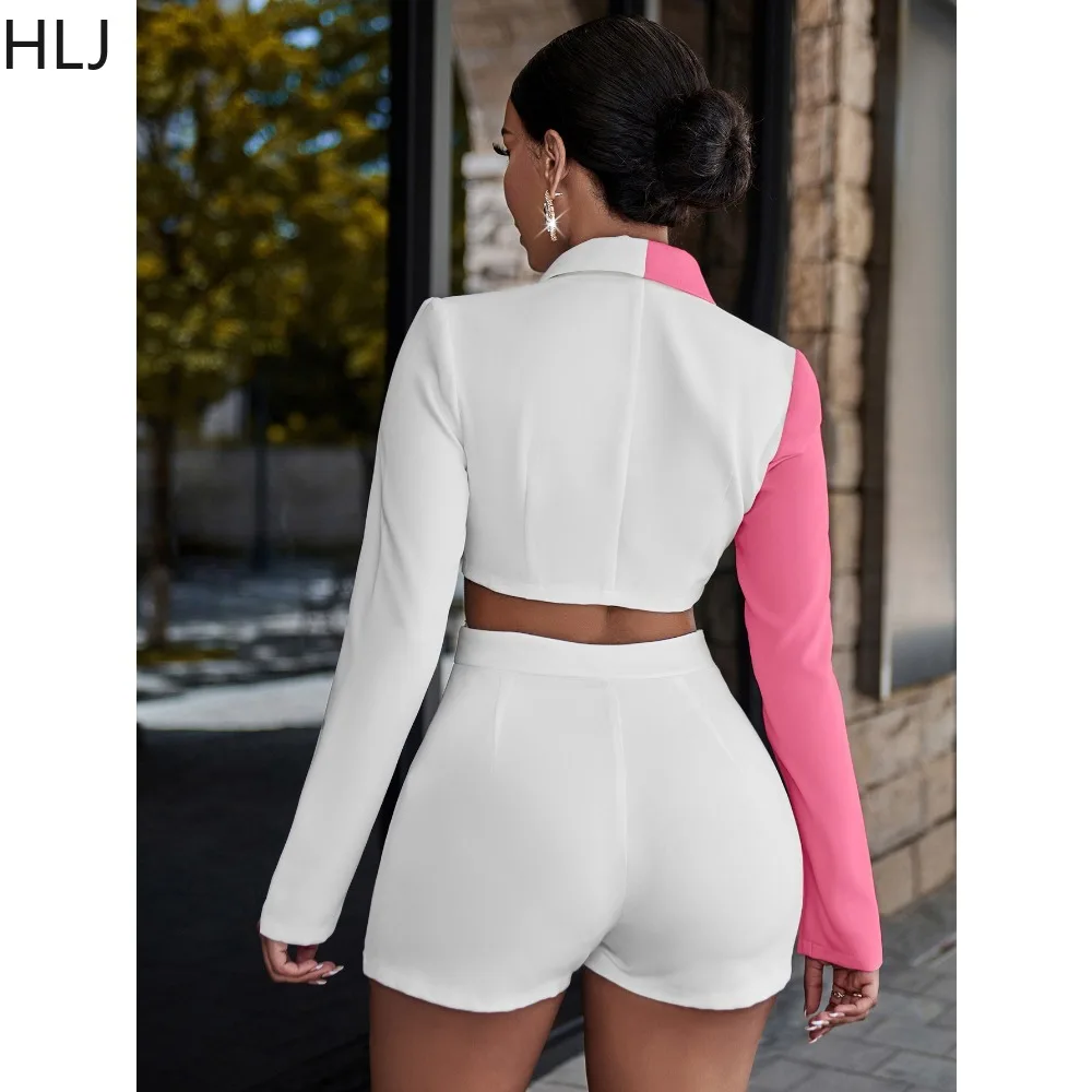 HLJ Elegant Lady Patchwork Blazer Outfits Women Turndown Collar Long Sleeve Button Crop Top + Skirts Shorts Two Piece Streetwear
