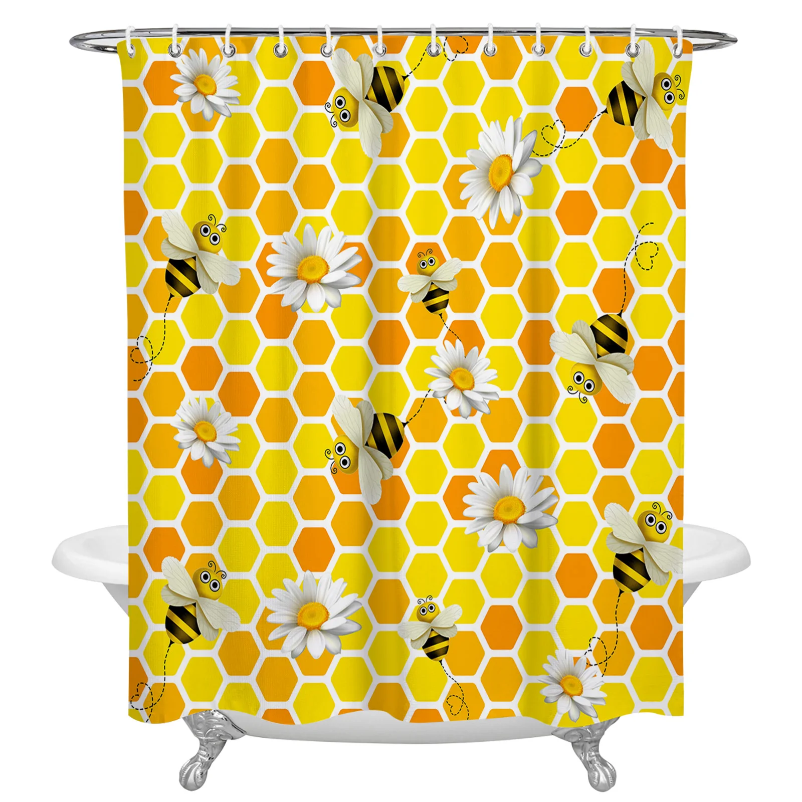 

Spring Bee Daisy Honeycomb Texture Shower Curtains Waterproof Bath Curtains Home Decor Modern Luxury Bathroom Curtain