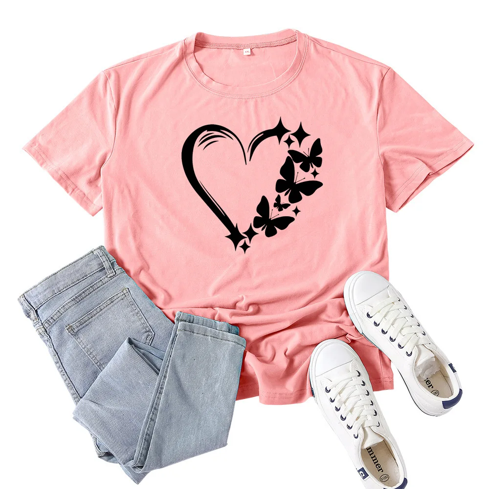 

Butterfly Heart Print T Shirt Women Short Sleeve O Neck Loose Tshirt Summer Women Tee Shirt Tops Camisetas Mujer