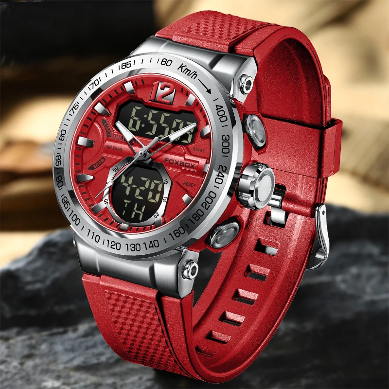 Top Brand FOXBOX Fashion Man Sports Watches Dual Display Time Quartz Watch For Men 50M Waterproof Luminous Military Wrist Watch