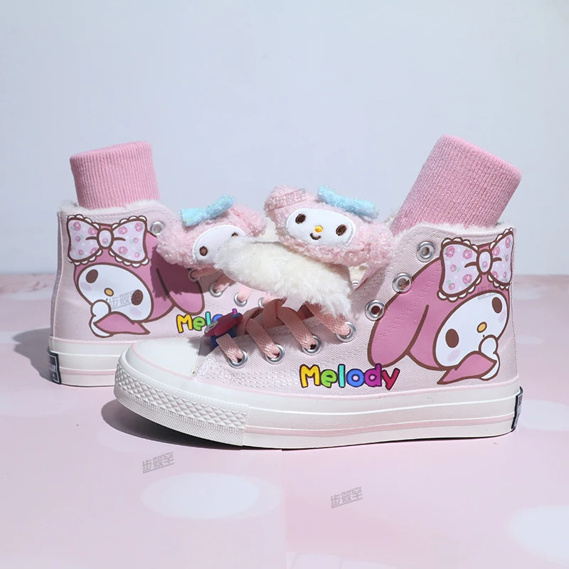 2022 New Mymelody Plus Fleece High-Top Canvas Shoes Cartoon 35-40Size Kawaii Anime Plush Sanrio Cute Casual Student Sports Shoes