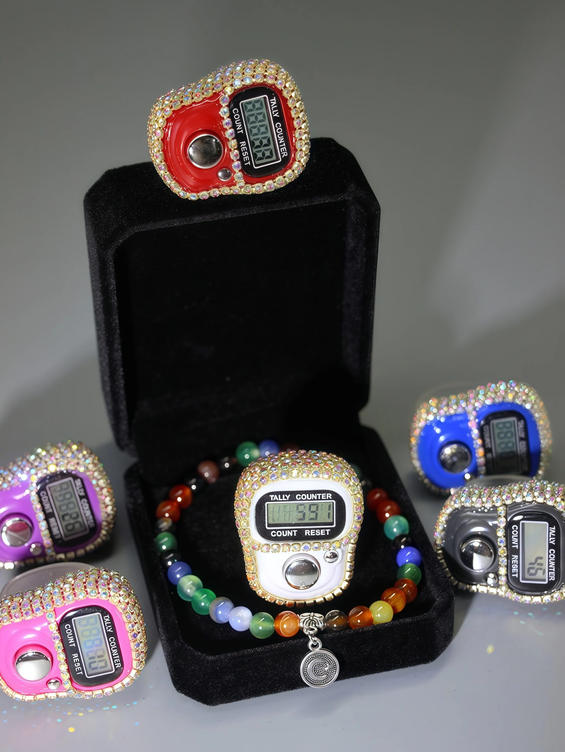 مجموعة سوار وسوار حلقي فاخر من العقيق، شاشة رقمية إلكترونية مكونة من 33 خرزة لصلاة المسلمين، صندوق هدايا أنيق