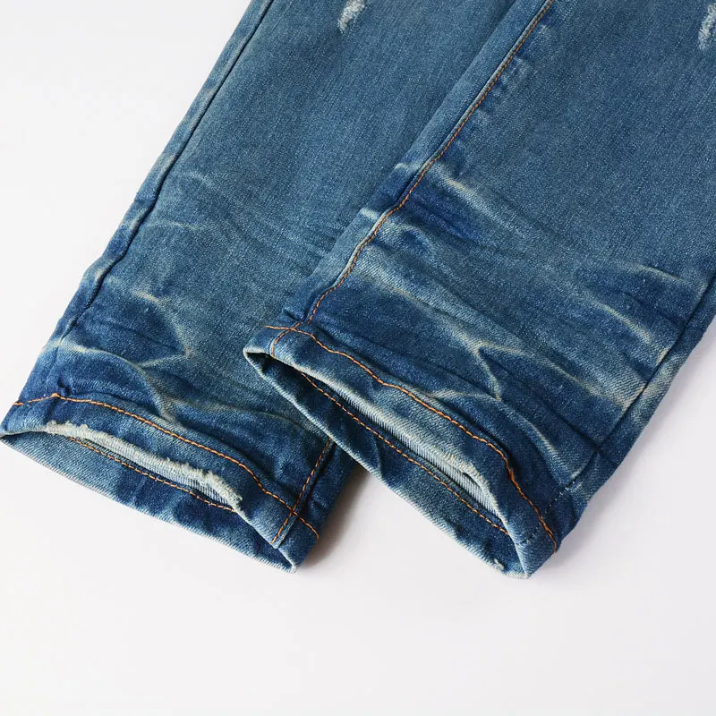 Streetwear Fashion Men Jeans Retro Washed Blue Stretch Skinny Fit Ripped Jeans Men Leather Patched Designer Hip Hop Brand Pants