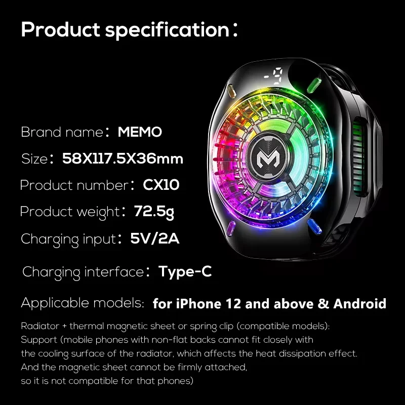 RGB 조명을 갖춘 반도체 휴대폰 쿨러 얼음이 얼지 않는 자기 클립 게임 및 라이브 스트리밍을 위한 강력한 냉각