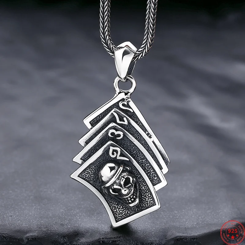 

S925 Sterling Silver Charms Pendants for Women Men New Fashion Retro Skull-poker Playing Card Punk Jewelry Free Shipping