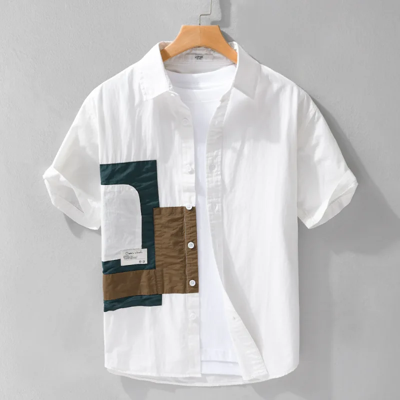 

Y2k Summer Patchwork Cotton Workwear Shirt for Men Short Sleeve Youth Male 24SS CityBoy Blouses Simple Casual Handsome Cool Tops