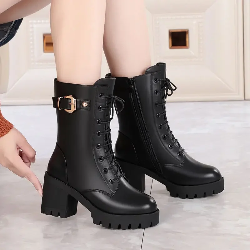 

Winter Women Boots Keep Warm High-heeled Womens Shoes Leather Platform Cotton Ladies Short Boots Womens 35-42 Snow Boots