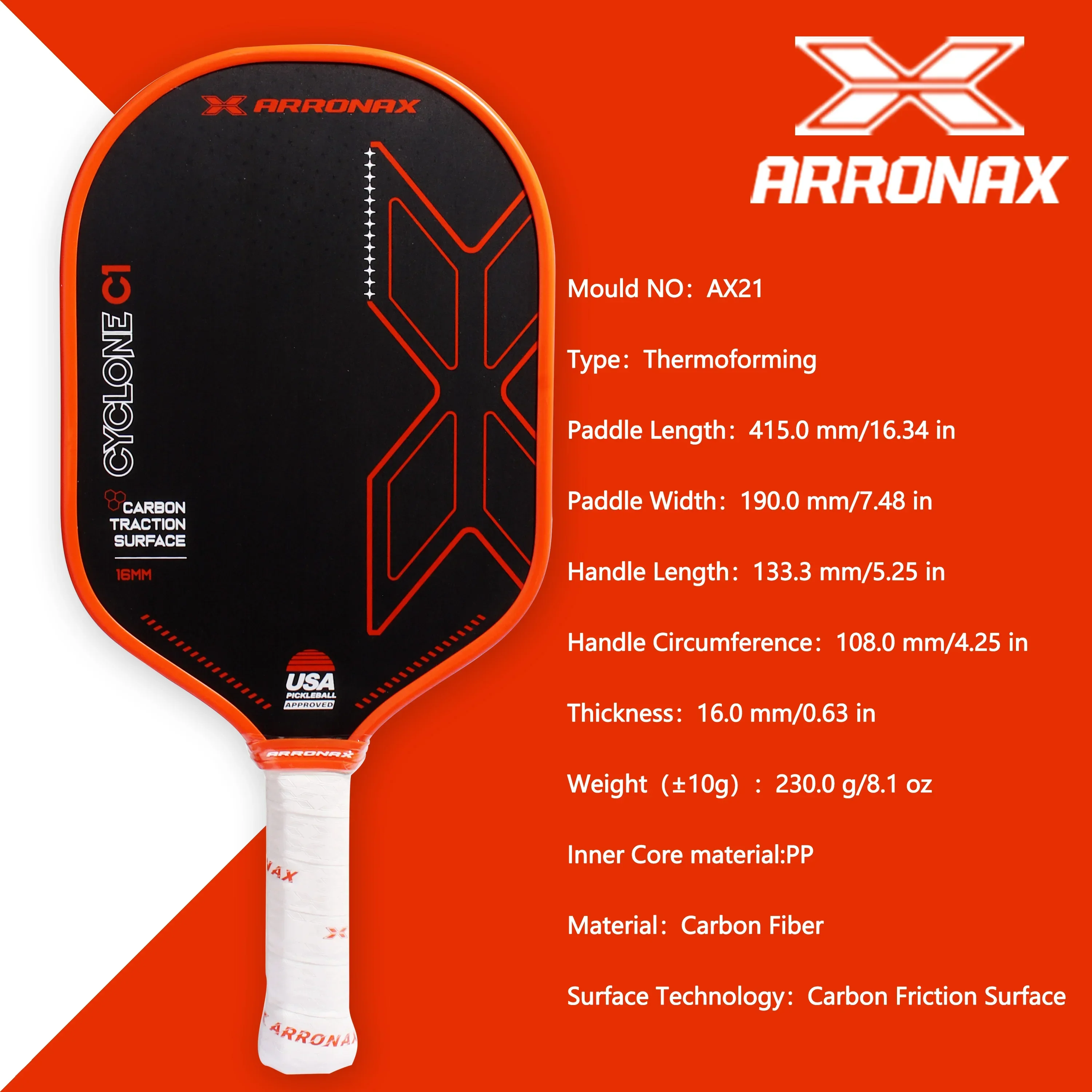 ARRONAX 전문 열성형 Usapa PP 허니콤 피클볼 패들, 탄소 마찰 표면, 16mm 연장 하이브리드 폼 엣지