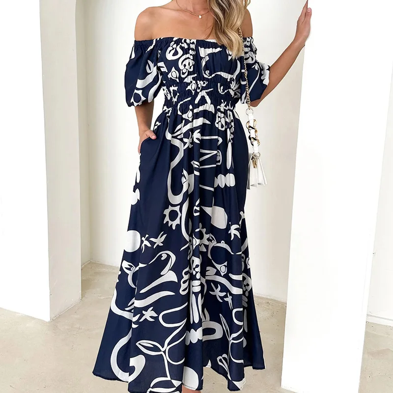 

Ladies Sexy Slash Neck Waist Pleated Dress Elegant Pattern Printing Birthday Party Dress Spring Summer Short Sleeved Loose Dress
