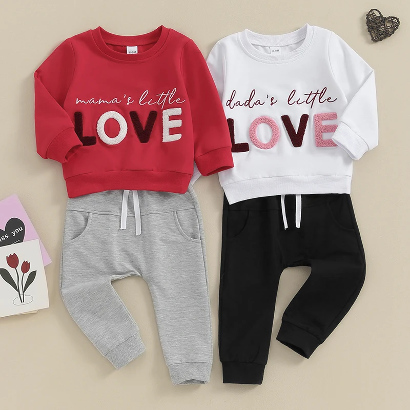

2023-11-02 Lioraitiin Toddler Baby Boys Girls Valentine’s Day Embroidery Letter Print Long Sleeve Sweatshirt Pants Clothes Set