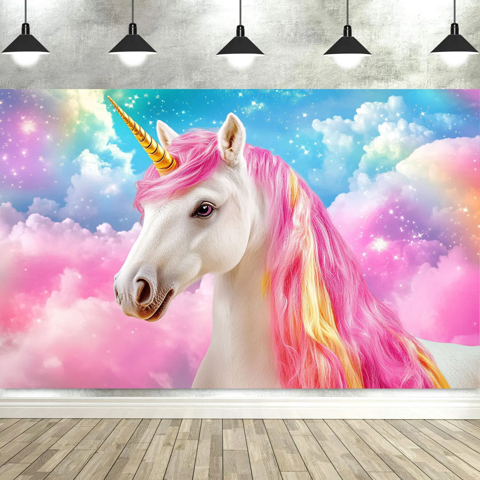 Unicorn Birthday Decorations Backdrop Girls Birthday Party Rainbow Glitter Stars Dots Happy Banner Photo Booth Prop
