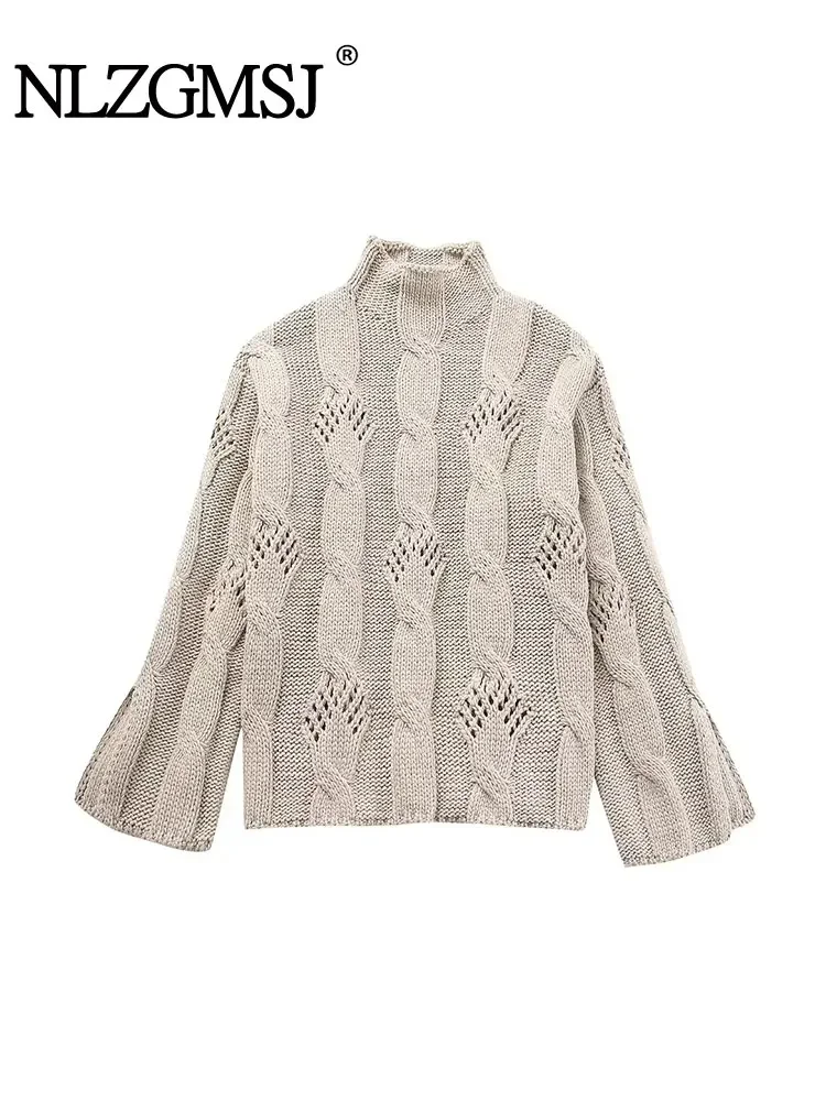 

Nlzgmsj TRAF 2023 Autumn Winter Knitted Hollow Out Women High Neck Pullover Long Sleeve Casual Sweater Streetwear