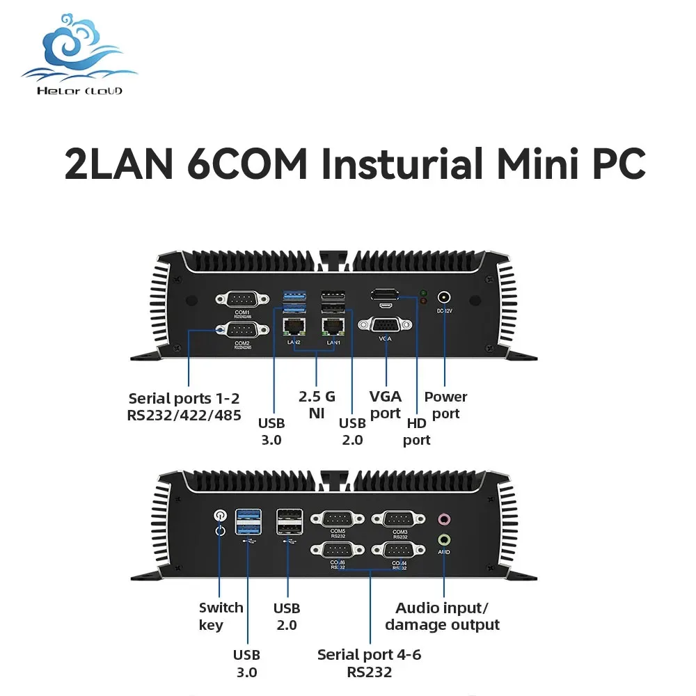 Helorpc Fanless 2LAN6COM Industrial Mini PC 8G 128G DDR4 MSATS Support Win10/11 LINUX WIFI Bluetooth Pfense Firewall Computer helorpc fanless industrial mini pc intel j4125 n4000 support windows10 11 linux ubuntu firewall soft router pfsense computer