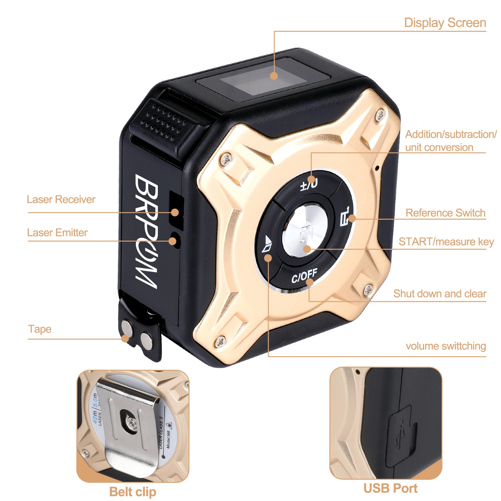 40M Laser Tape Measure Distance Meter Stainless Digital 5m 2 In 1 Laser Measuring Tool Retractable Roll Cord Rangefinder