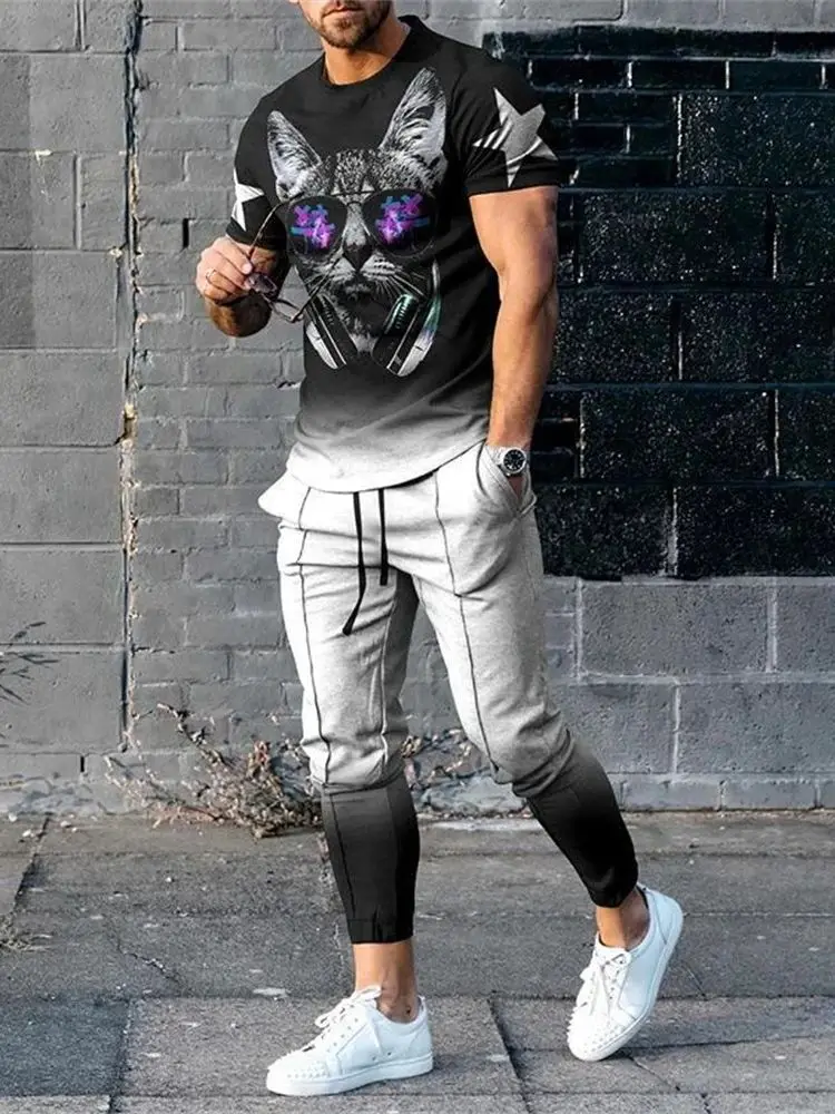 

Summer Set Men Oversized T Shirt Pants Sets Print Men's Clothing Casual Tops Trousers Suits Men Tracksuits Sweatpants Outfits
