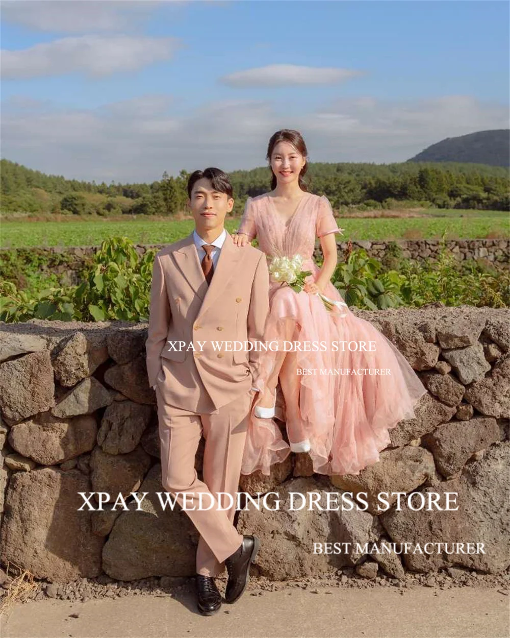 XPAY Pink V Neck Korea A Line Wedding Dresses Short Sleeve Bridal Dress Pearls Tulle Backless Wedding Photos Shoot Bride Gown