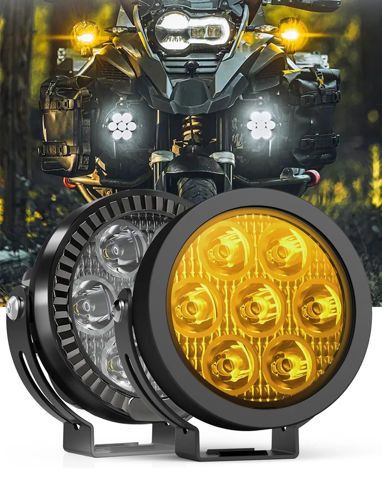 BraveWAY 3 Inch Yellow LED Fog Light Kit For Motorcycle & ATV - 3000K Amber Driving Pods With Wiring Harness