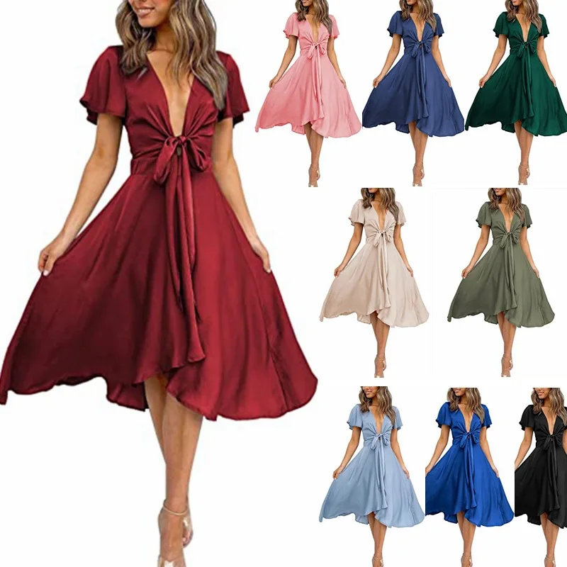 

ELIJOIN2023 Summer V-neck Pleated Short-sleeved Bow Two-way Tie with Elegant Solid Color Dress