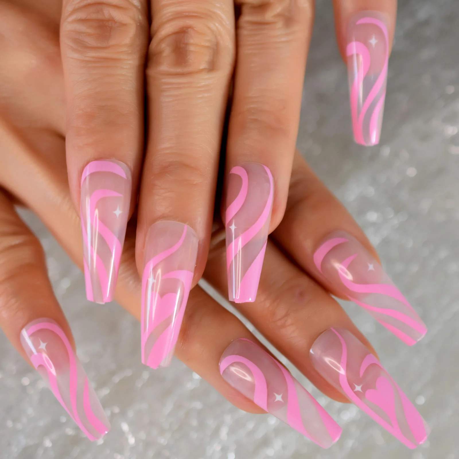 Long Coffin Pink Color Pattern Design Heart Lovely Nails Press On Fingernails  Manicure Art Wholesale Star Design 24 Pcs With Tab - AliExpress