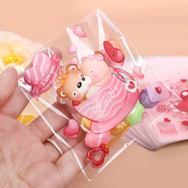 100pcs Valentine's Day Candy Cookie Packaging Bag Love Heart Plastic OPP Gift Bag Valentines Day Party Decoration Supplies 2025