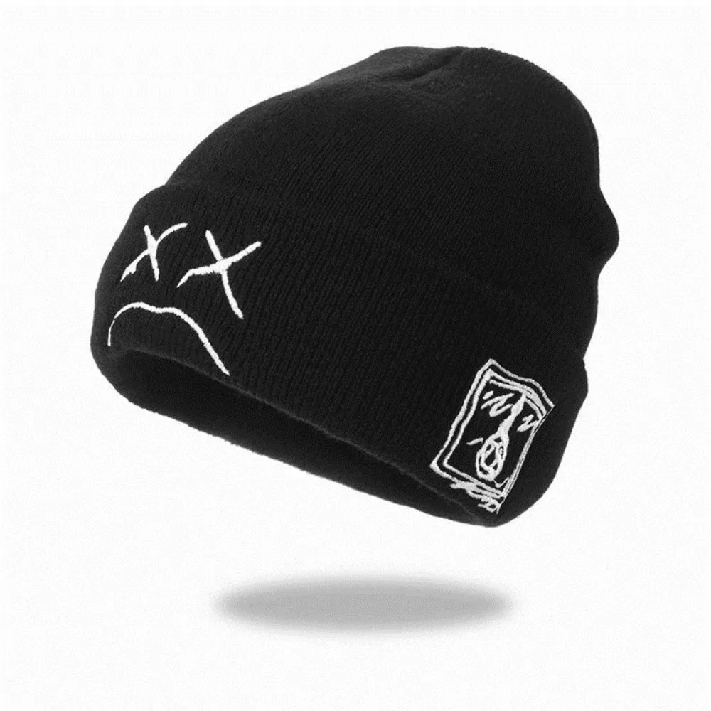 Beanie, Knitted Hat, hip-hop style, Embroidered Knitted Hat With Sad Expression, Warm Woolen Hat for Men and Women Cap 2