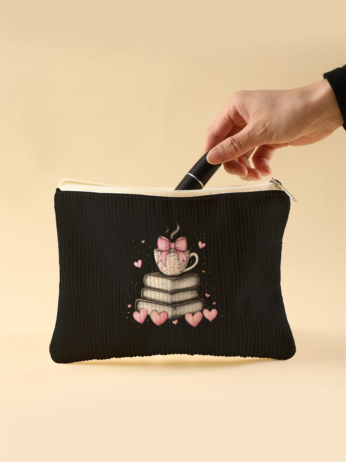 Women's Corduroy Travel Cosmetic Bag Portable Large Capacity Makeup Storage Organizer Zipper Clutch Purse Make up Bag