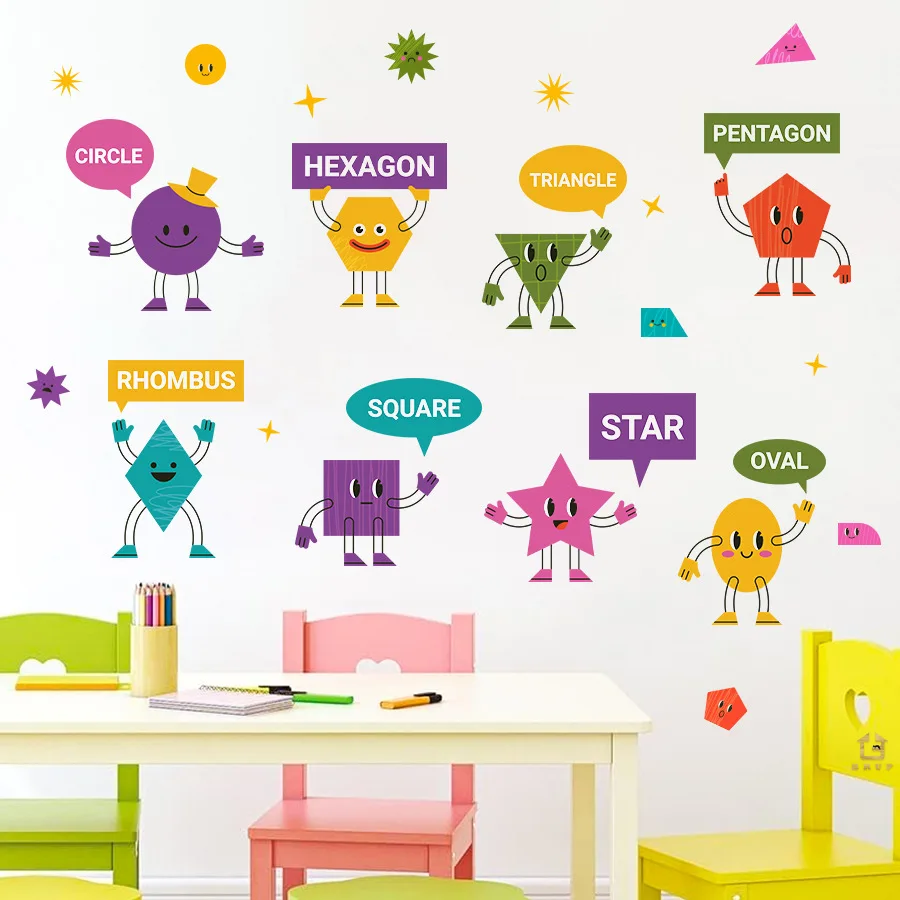 Cartoon Geometric Figure Wall Stickers - Self-Adhesive Anime Decals for Kids' Room, Bedroom & Nursery in Ins Style