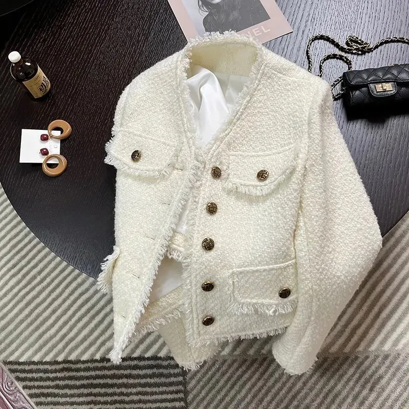 

Spring New Tweed Tassel Woolen Coat Women Short Slim Jacket Korean Causal Elegant Wool Blend Outerwear Female Streetwear G2597